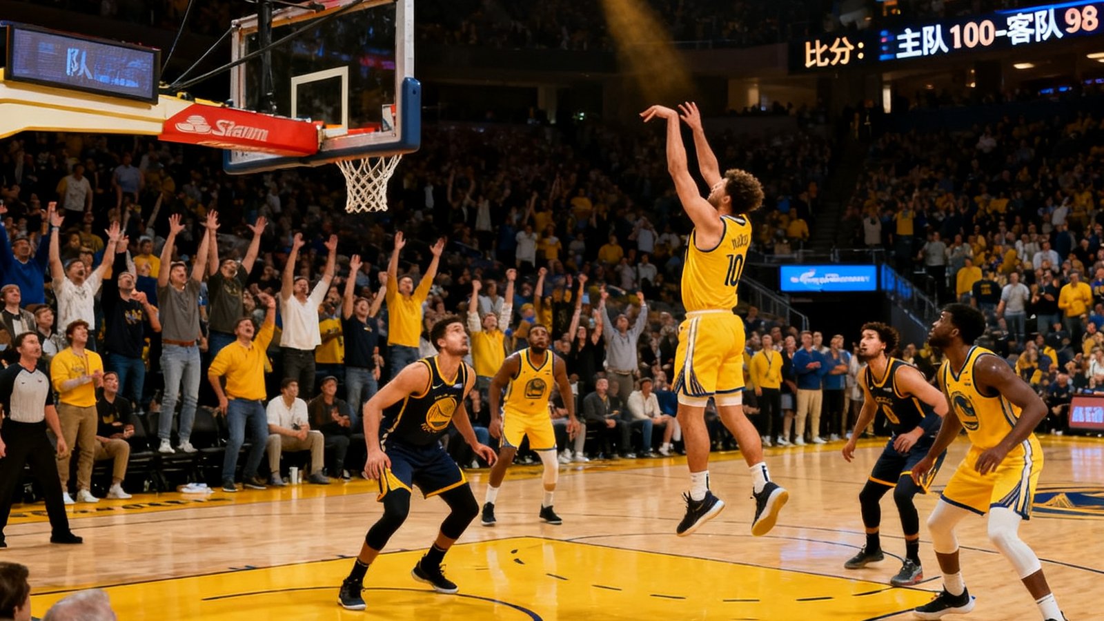 NBA比赛最后0.5秒球员在三分线外高高跃起投出压哨绝杀球的画面，篮球在空中划出完美抛物线，全场观众起立屏息凝视，记分牌显示双方仅差2分
